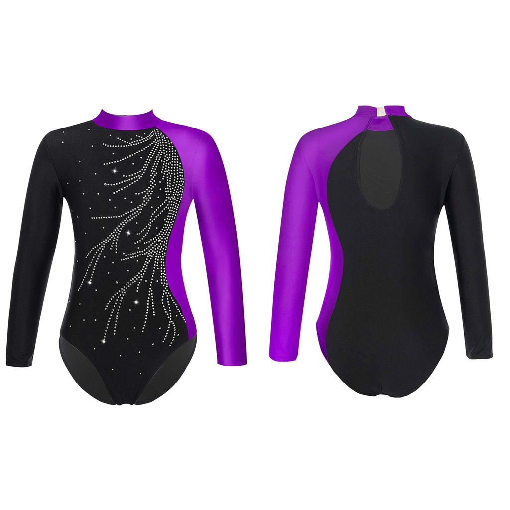 Танцевальные купальники для девочек, гимнастические наряды, блестящая детская цельная танцевальная одежда с длинными рукавами, украшенная бриллиантами