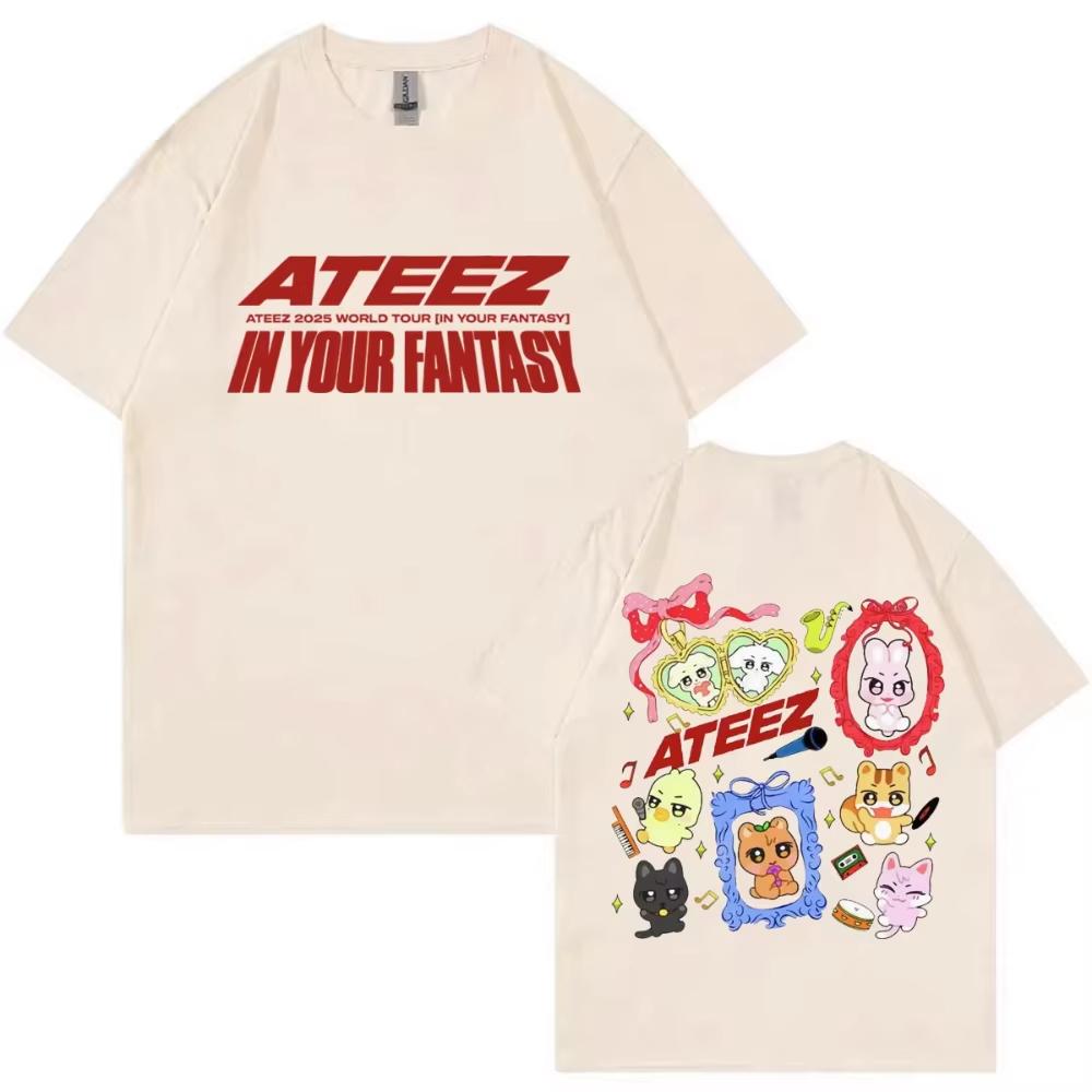 Kpop ATEEZ in Your Fantasy World Tour T‑Shirt Cute Cartoon Mascot Print Unisex Oversized Loose Short Sleeve Tee Soft Cotton Casual Streetwear Tops