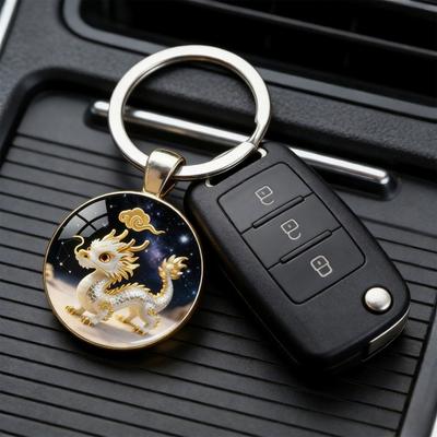 Брелок Зодиак Купольное стекло Сплав цинка Брелок с фоном звездного неба Украшения из золотой фольги 12 знаков зодиака Держатель для ключей