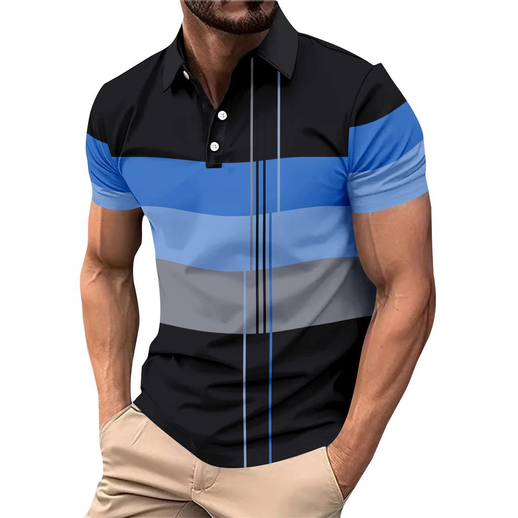 Striped Color Blocking Print - Men's Casual Short Sleeved T-shirt