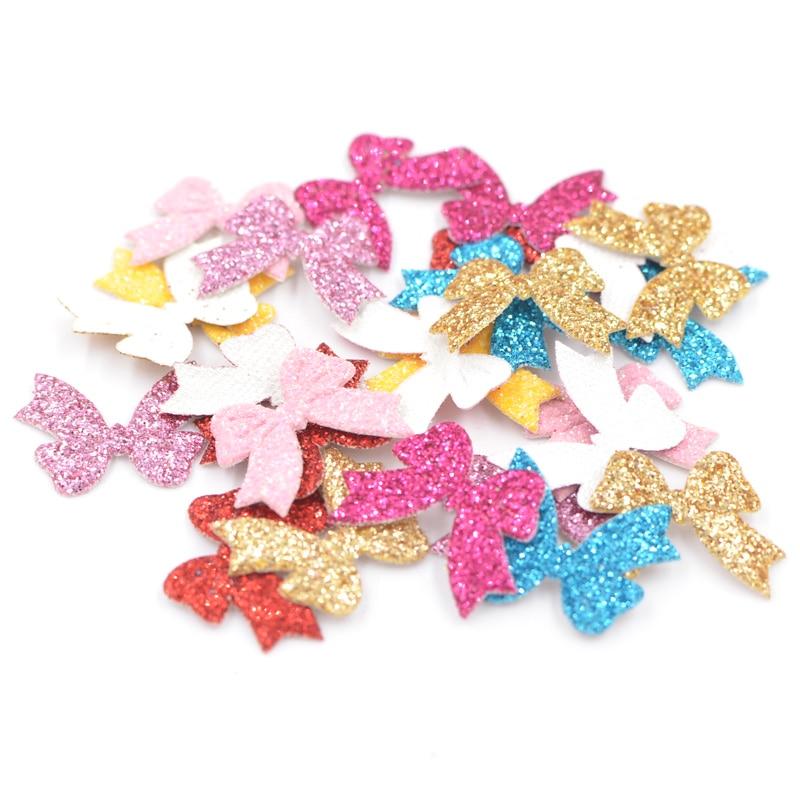 100Pcs Mixed Glitter Leather Fabric Appliques Bow-tie Patches for Crafts Clothes Decoration DIY Hair Bow Accessories
