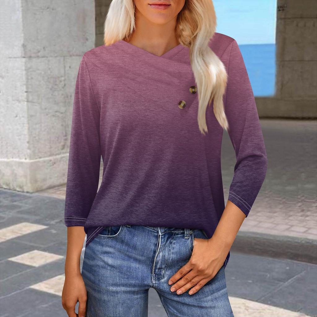 Женская модная повседневная футболка с принтом в виде градиента, рукавами-семиточками, V-образным вырезом и застежкой на пуговицы