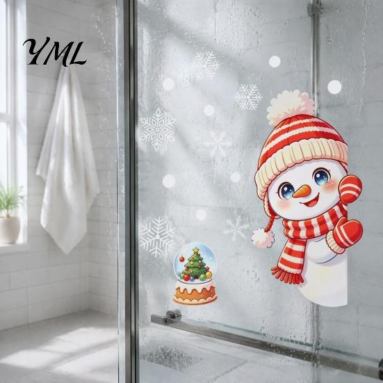 Cute Snowman Wall Art Peeking Static Cling Window Decal, Christmas Glass Sticker with Waterproof Decorations Snowflakes, Reusable PVC Holiday