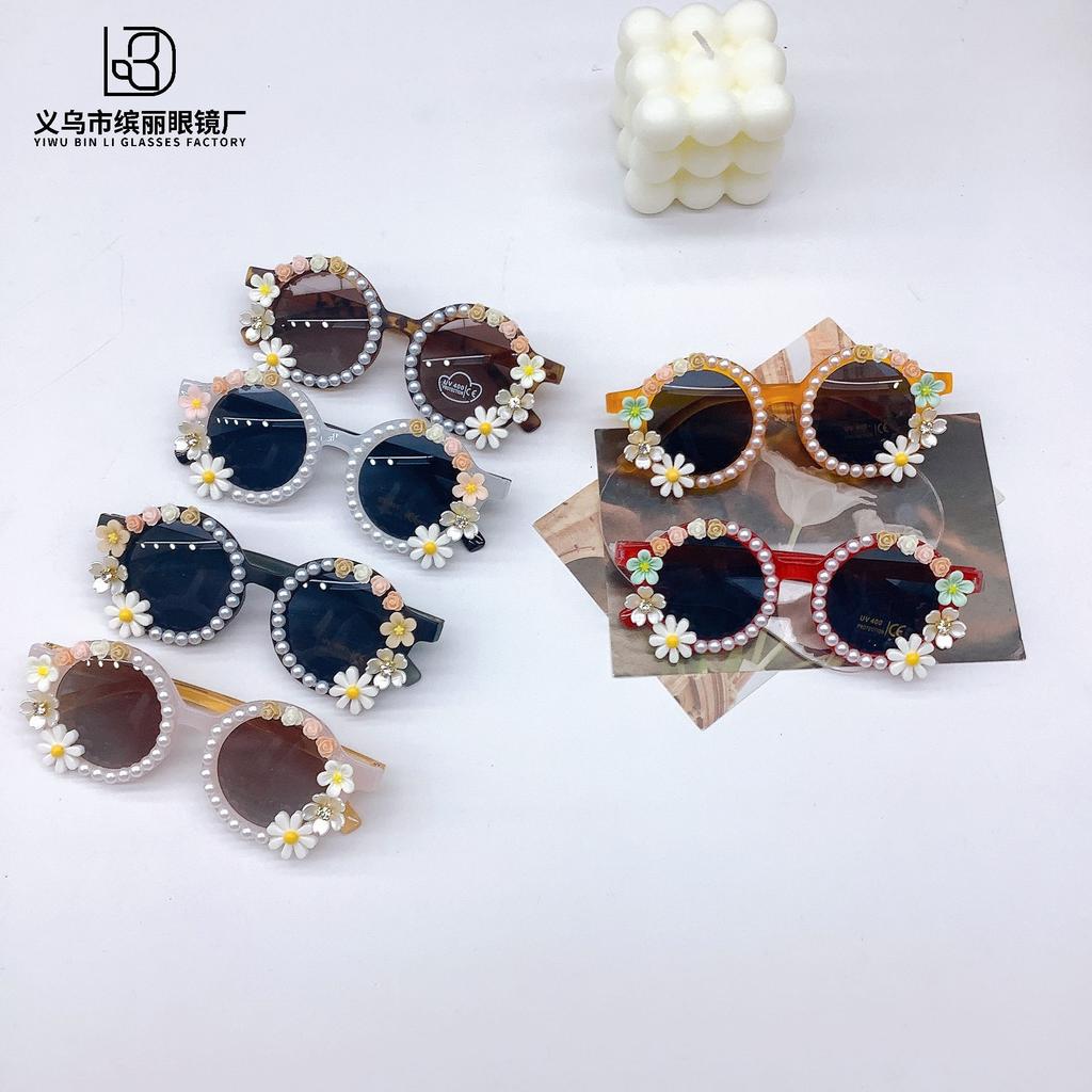 Fashion Diy Flower Children'S Sunglasses Round Cute Girls Wear Sunglasses Sunscreen Uv Protection Glasses Tide