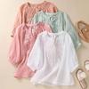 Cotton Linen Flower Embroidery Shirt Women Three Quarter Sleeves V Neck Casual Blouse Loose Solid Color Mother Blouse Women