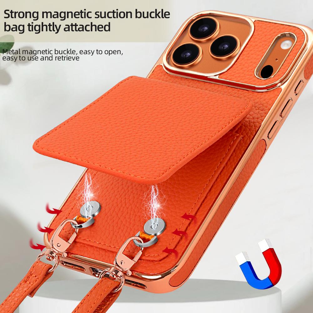 Кожаный чехол с текстурой личи для iPhone 17 16 15 14 13 Pro Max Air, многофункциональный, с магнитной застежкой, кошелек, сумка, подставка, длинный ремешок