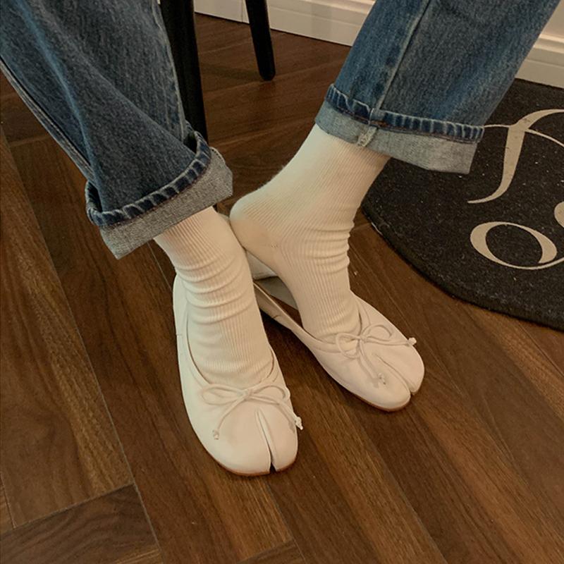 IPPEUM Ballet Flats Women Split Toe Shoes Plus Size 44 Black Leather Mary Janes Butterfly Knot Ballerinas Zapatos Mujer