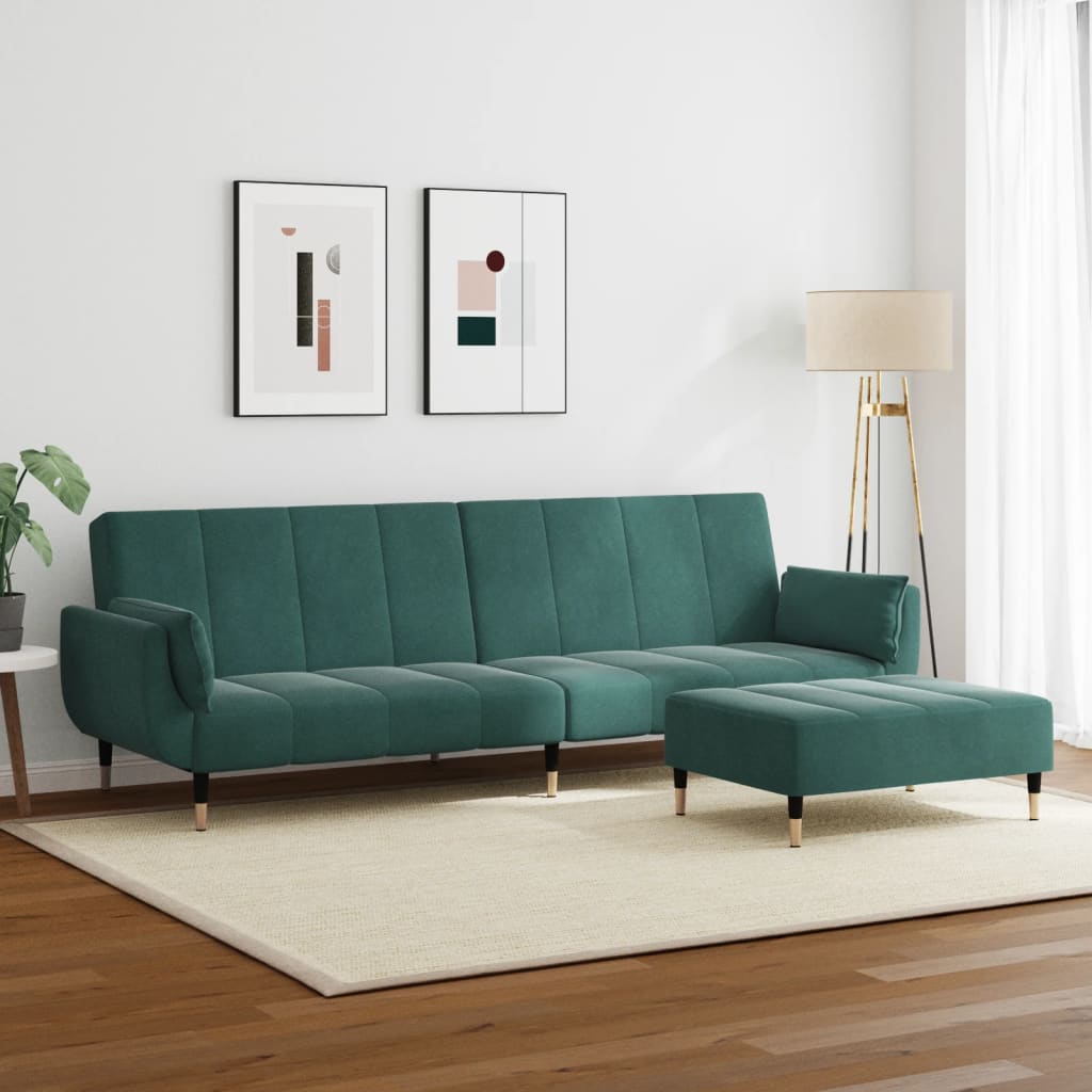 2 Seater Sofa Bed with Footstool Dark Green Velvet