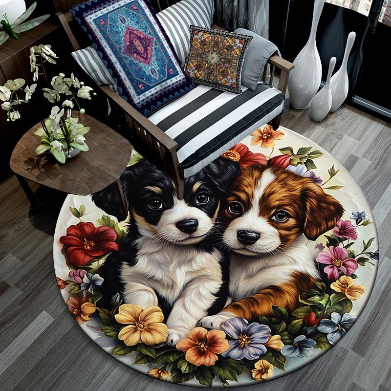 Two Cute Puppies Round Area Rug,Carpet Rug for Living Room Bedroom Sofa Playroom Decor,Non-slip Floor Mat