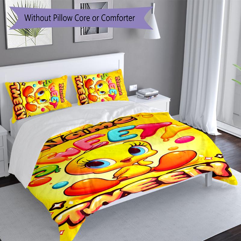3pcs Custom Name Tweety Bedding Set,Includes 1 Duvet Cover and 2 Pillowcases,All-season Bedroom Decor