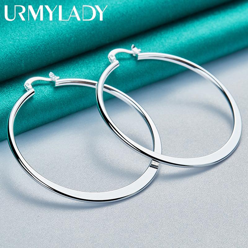 URMYLADY 925 Sterling Silver 55mm Round Flat Earrings For Women Wedding Party Charm Jewelry