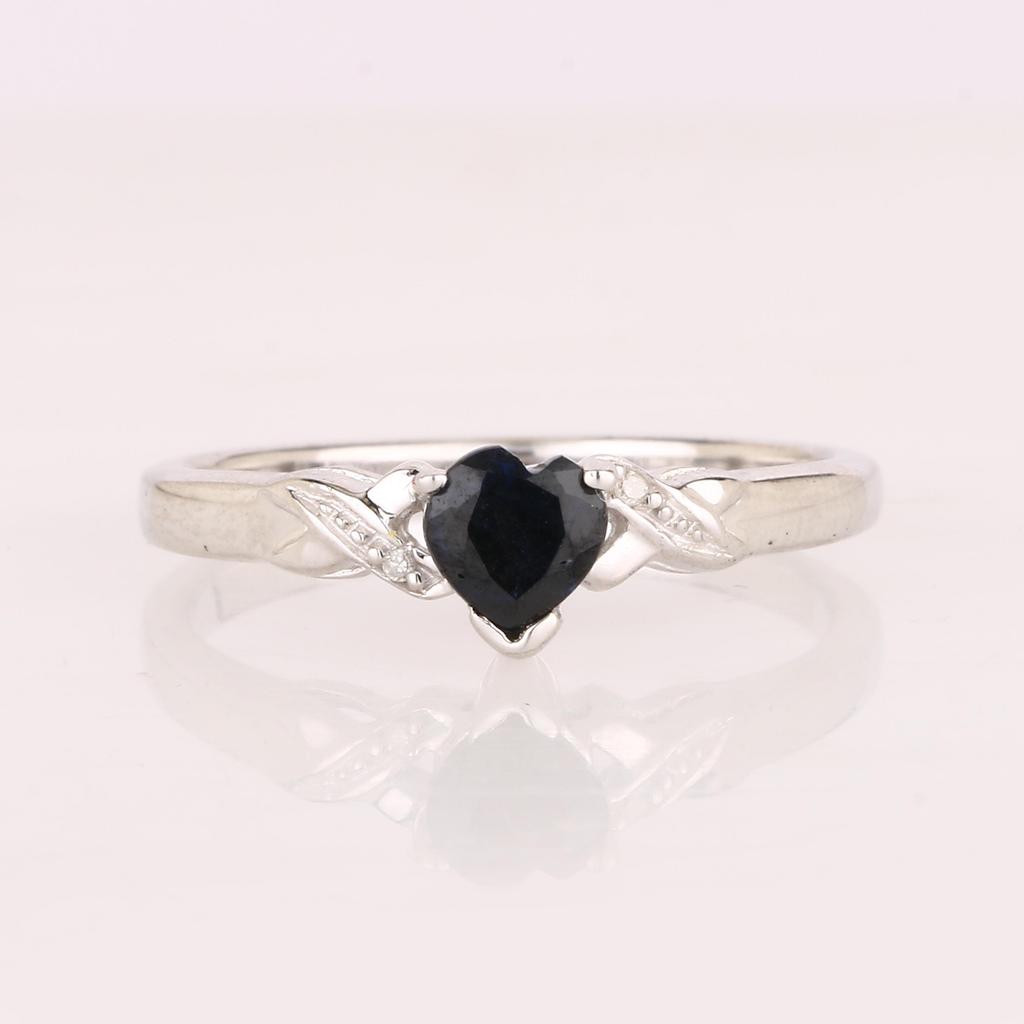 925 Sterling Silver Black Sapphire Heart Ring with White Diamond Accents Handmade Fine Jewelry Gift for Her