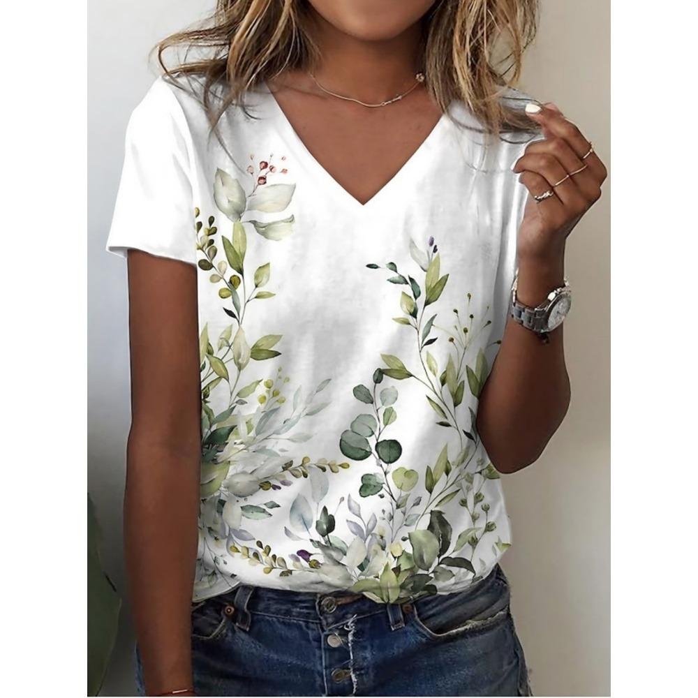 Summer Women Short Sleeve V-Neck Oversized T Shirt For Women Fashion Ladies T-Shirt 3d Flower Print Top Casual Clothes