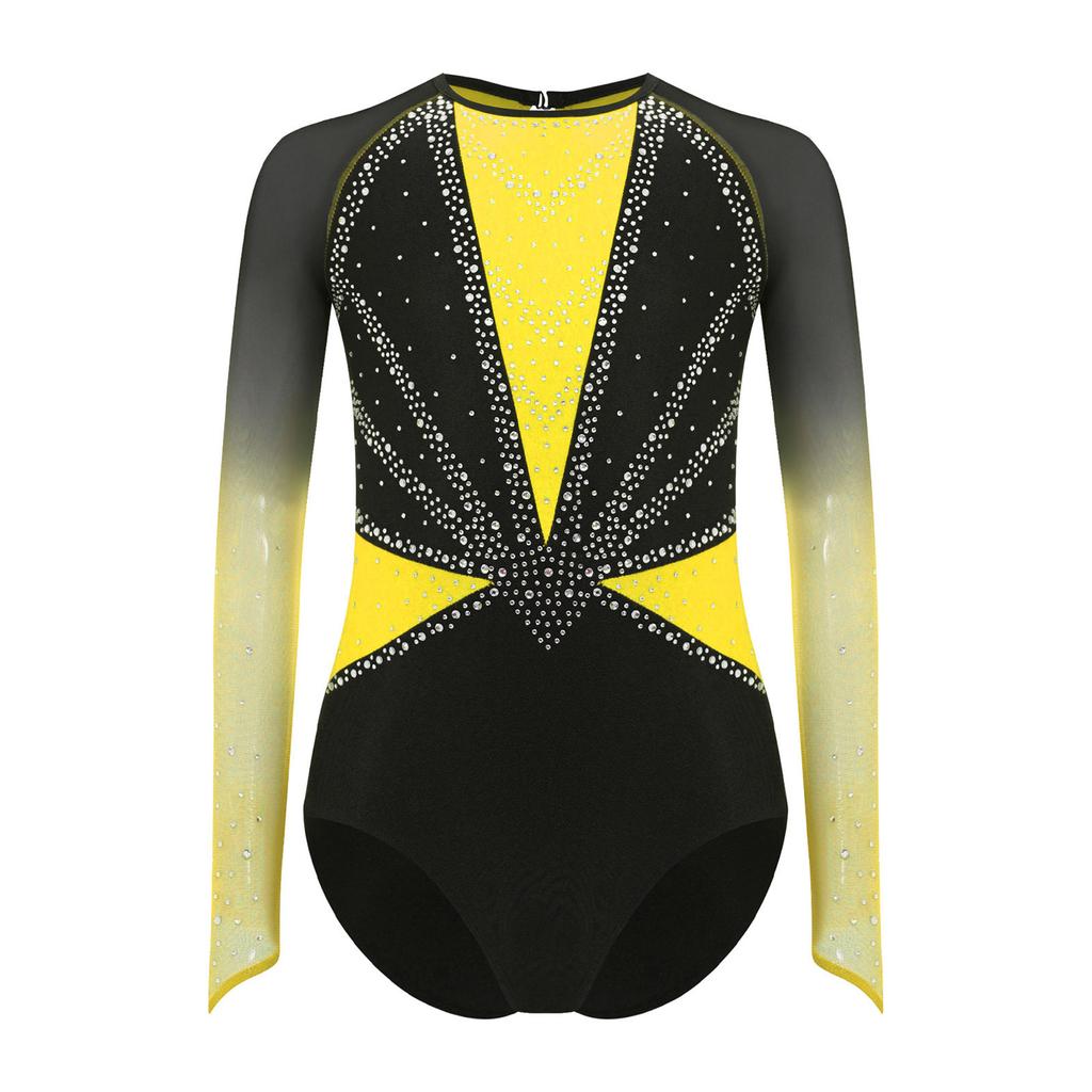 Girls Gymnastics Leotard Sheer Mesh Long Sleeve Keyhole Back Shiny Rhinestones Color Block Costume