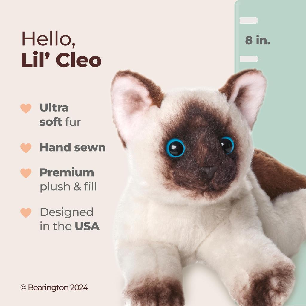 Bearington Collection Lil' Cleo Siamese Cat Plush Toy with Ultra-Soft Long Fur - Birthday Gift for Animal Lovers and Cat Owners