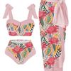 2024 Three-Piece Mesh Long Skirt Swimsuit with Digital Print - Women's Conservative Bikini