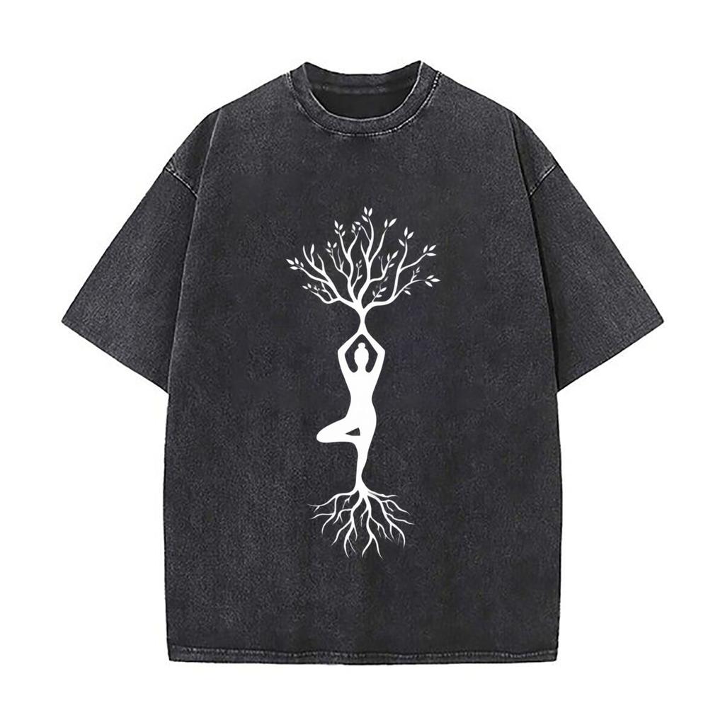 Yoga Tree Of Life Meditation Spiritual Graphic Washed Vintage Short Sleeve Loose Streetwear Tee