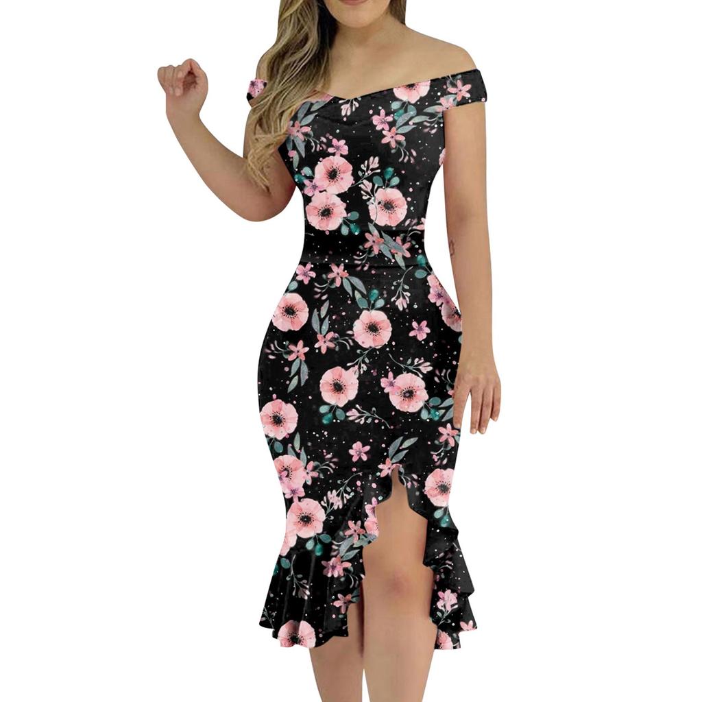 Женское сексуальное платье с открытыми плечами и принтом, плотное платье с нерегулярной нижней частью