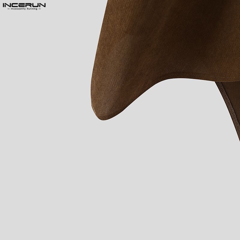 INCERUN Autumn Men Swing Collar Long Sleeve Irregular Casual Loose Ribbed Tops T-shirts