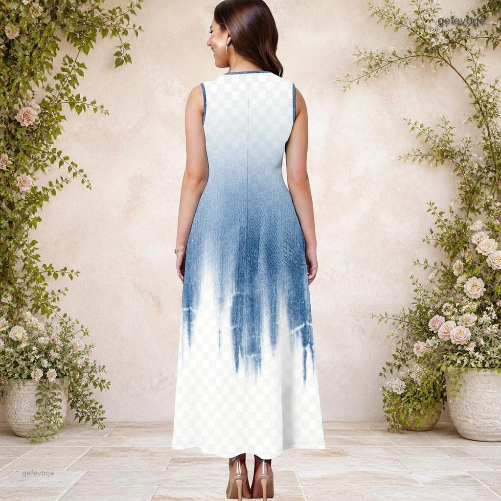 Women Plus Size Round Neck Sleeveless Abstract Print A Line Maxi Dress With Side Pockets