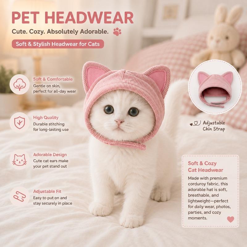 Cute Cat Ear Pet Hat Soft Corduroy Adjustable Chin Strap Kitten Headwear Photo Prop Party Cosplay Accessory for Small Cats