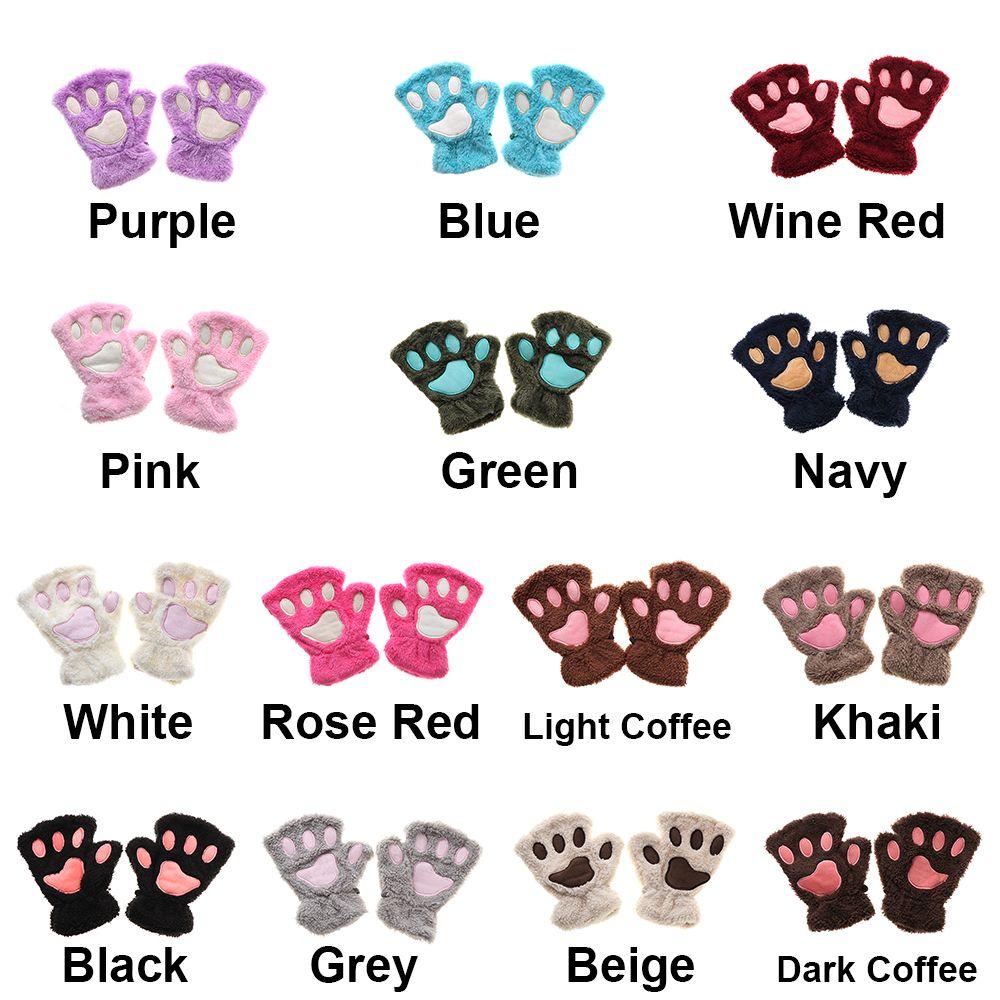 14Colors Girl Winter Warm Fluffy Plush Gloves Fingerless Bear Cat Paw