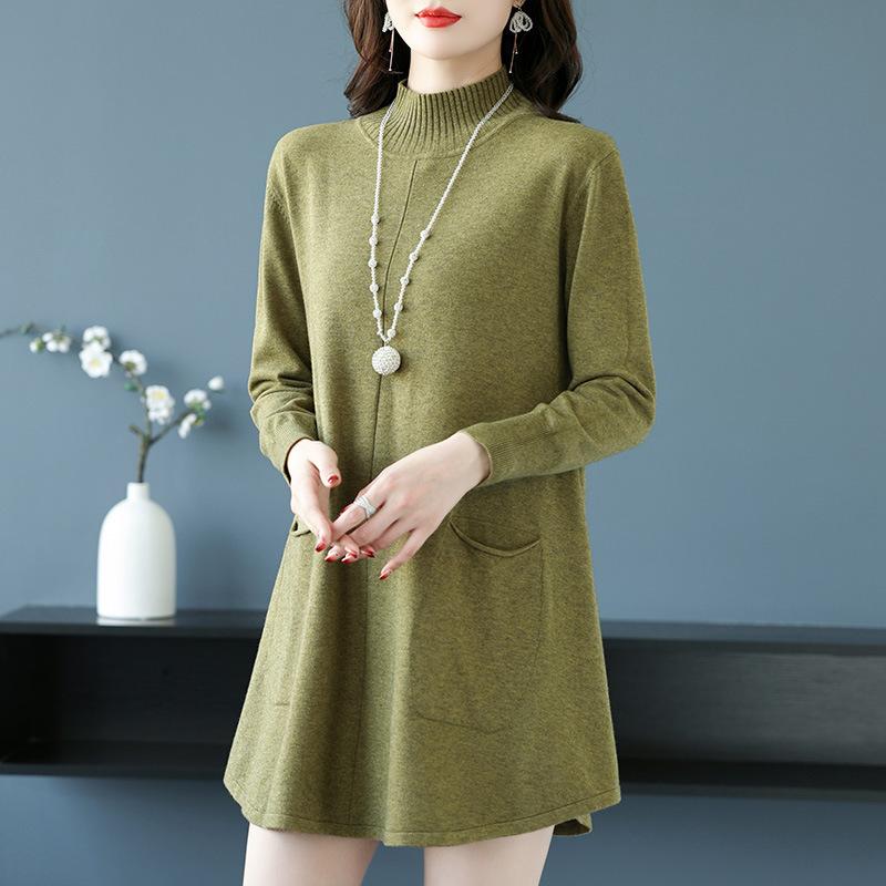 Свитер с полувысоким воротом большого размера, свободный и повседневный пуловер средней длины для женщин, однотонное вязаное платье А-силуэта