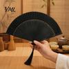 Summer Hand Fan Chinese Style Folding with Tassel, Bamboo Ribs Decorative Handheld Classic Black Fan, Portable Cooling for Dance Performance