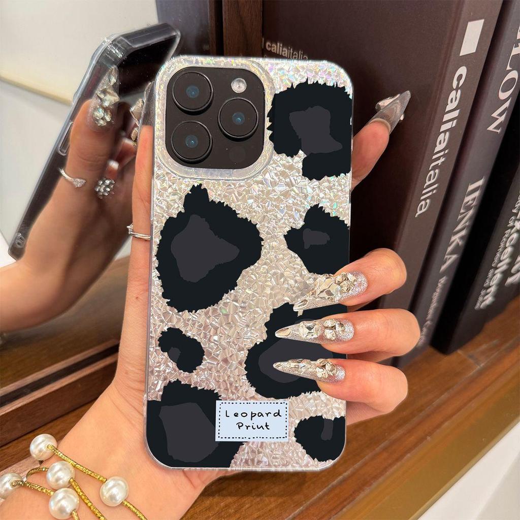 Black - White Leopard Marking Case for iphone 16 Plus 12 18 Pro Max 15 Air 14 11 17 Pro XS Max 13 XR Silver Crushed Foil Cover