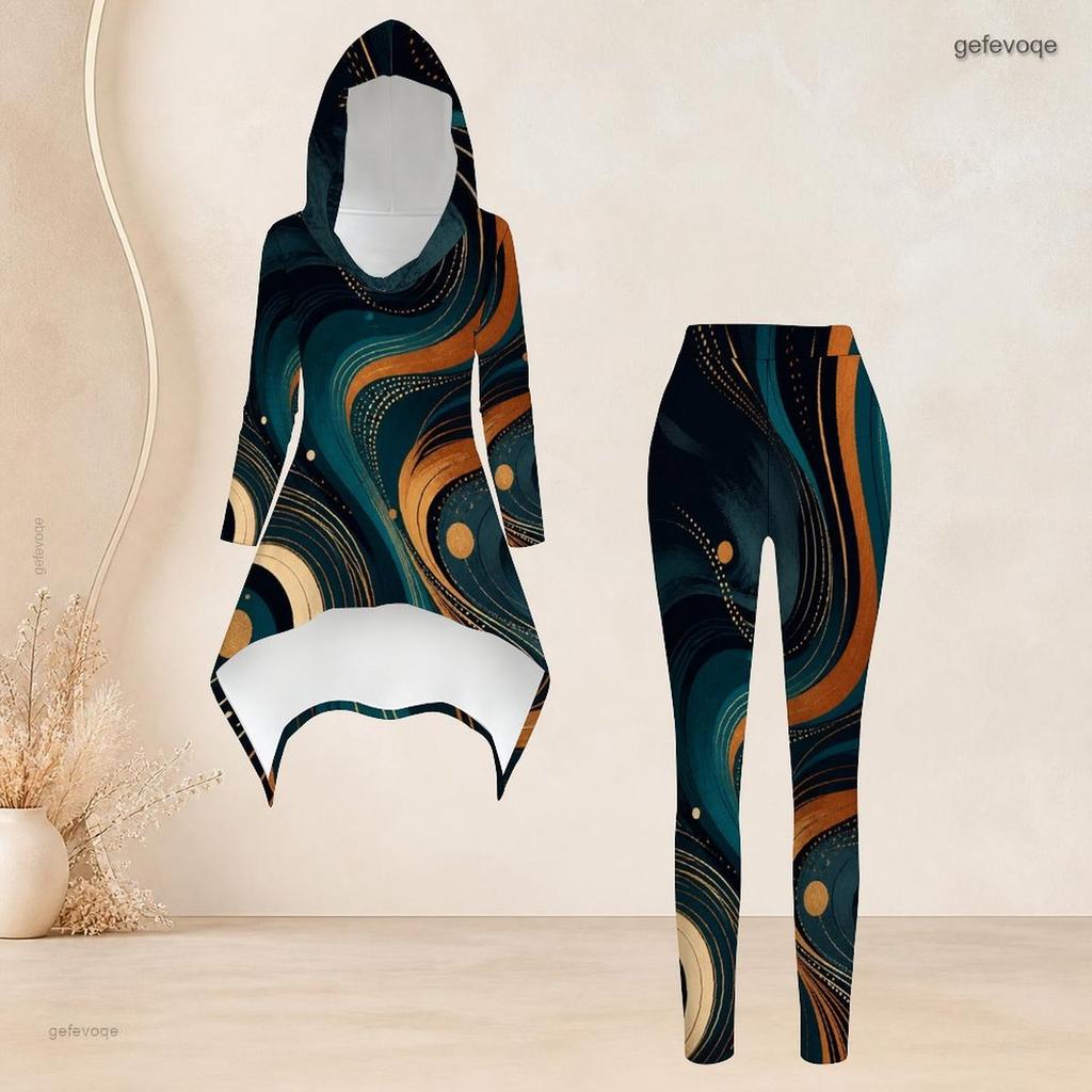 Women Plus Size Tie Dye Printed Hooded Long Sleeve High Low Top And Fitted Pants Two Piece Set