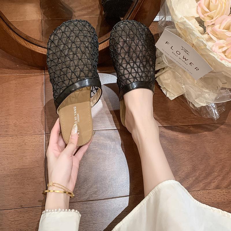 Niche Design Sense Mesh Hollow Flat Bottom Bag Head Half Slippers Women's 2025 Summer Retro Vacation Cool Slippers