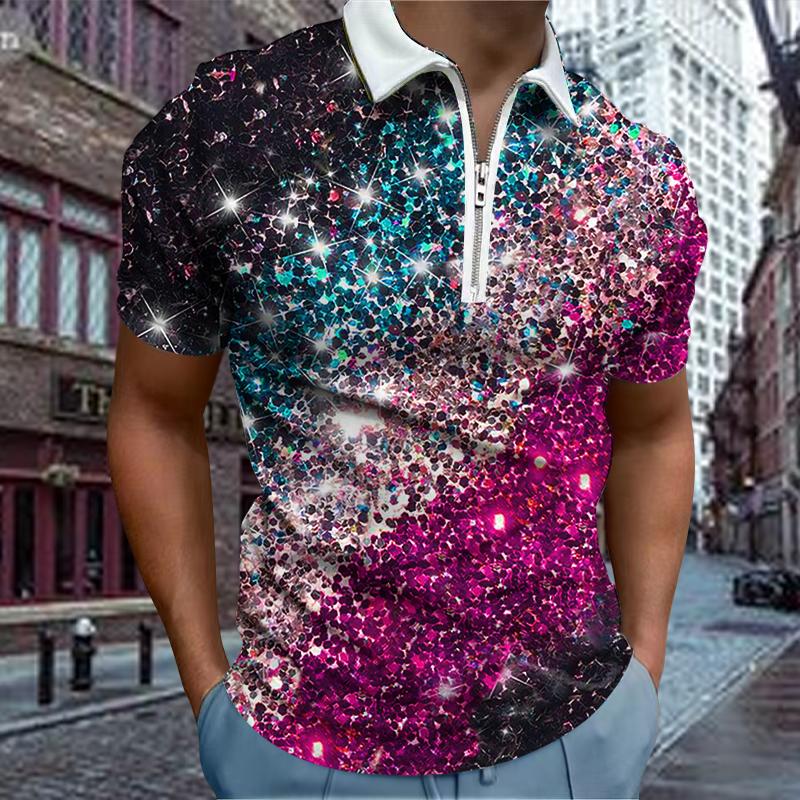 Casual Lapel T-shirt Young Men's Fashion Zipper T-shirt Short Sleeve T-shirt Men's 3D Cross Print T Shirt