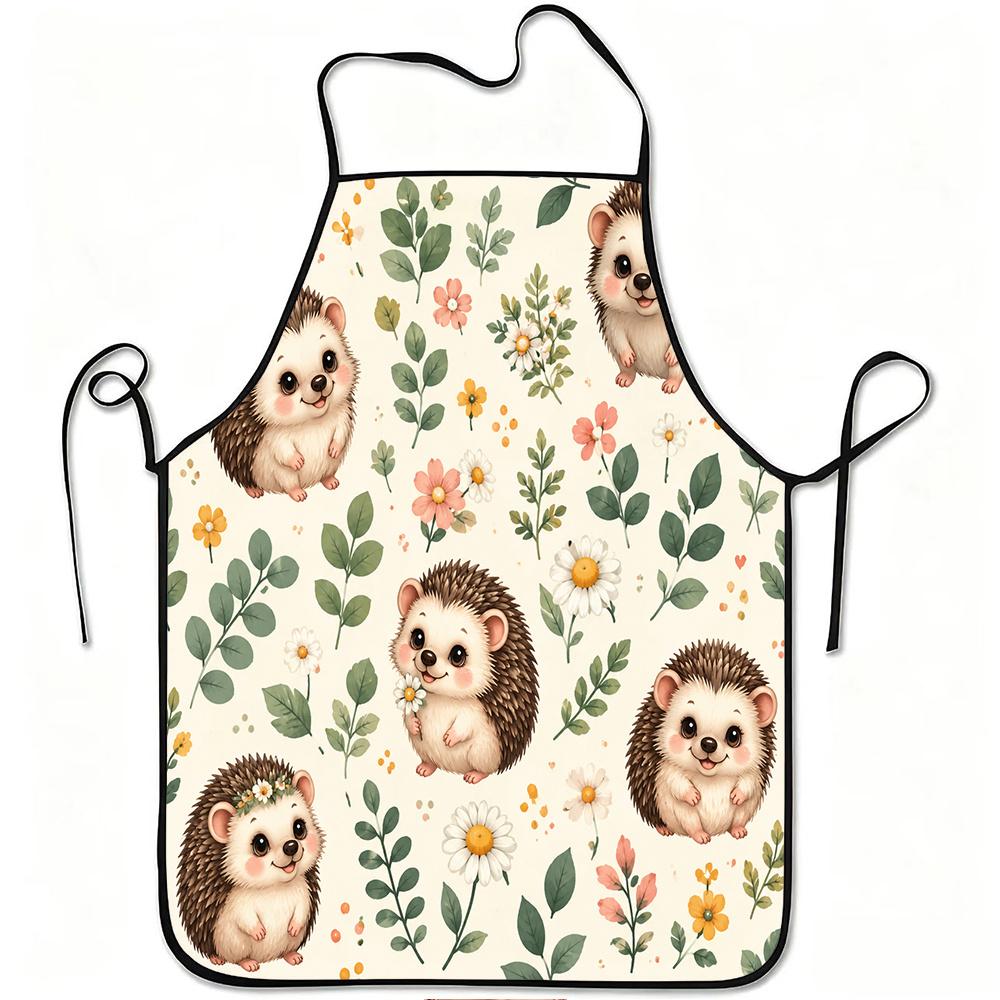 1pc Cute Hedgehog & Floral Apron with Adjustable Waistband - Durable Easy-Clean Polyester Suitable for Kitchen Cooking, Gardening, Picking, Christmas