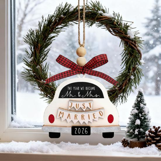 First Christmas Married Ornament Rustic Wooden Car Wedding Ornament with Buffalo Plaid Bow for Couples Bridal Shower Newly Married Wedding Decor