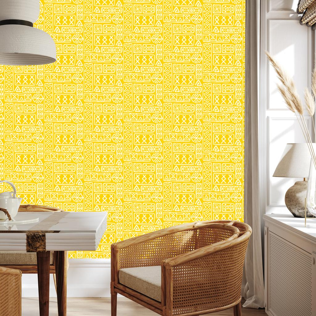 Polynesian Geometric Pattern Wallpaper Yellow and Cream 50x1000