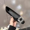 Single Shoes Women's New Temperament Rhinestone Square Buckle Flat Shoes Shallow Mouth Square Head Flat Heel Soft Sole Ladyshoes