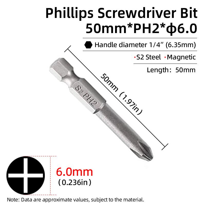 1PC Phillips Screwdriver Bits Cross Head Magnetic Screwdrivers PH00 PH1 PH2 S2 Alloy Steel Hex Shank Hand Tools 50/75/100/150mm