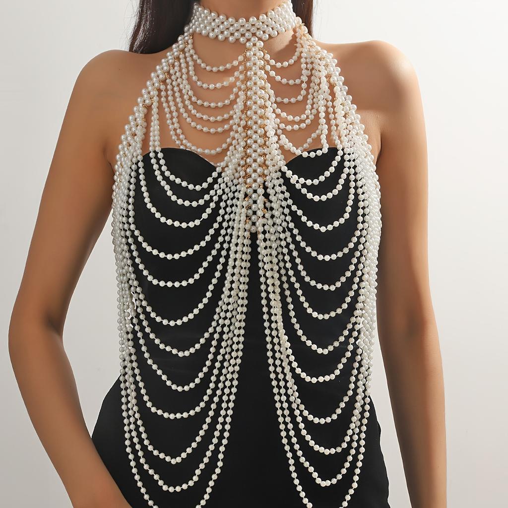 Creative Exaggerated Multi Imitation Pearl Tassel Design Shawl Chest Chain Sexy Luxury Style Personality Female Body Chain