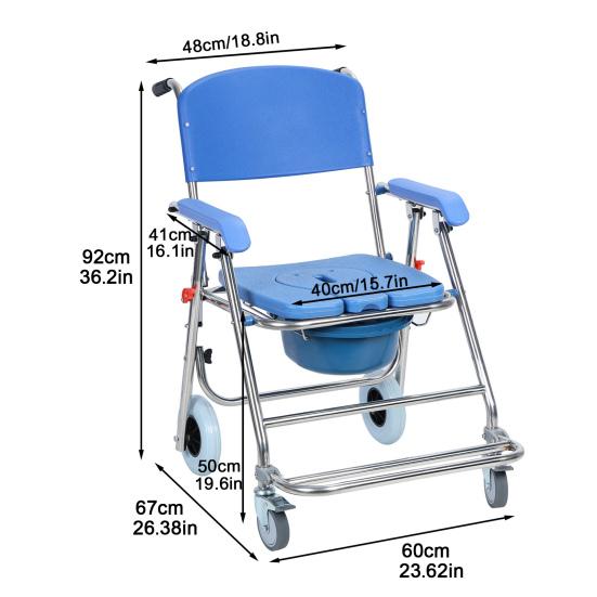 Folding Commode Chair with Wheels, 3-in-1 Shower and Toilet Chair for Elderly, Portable Design