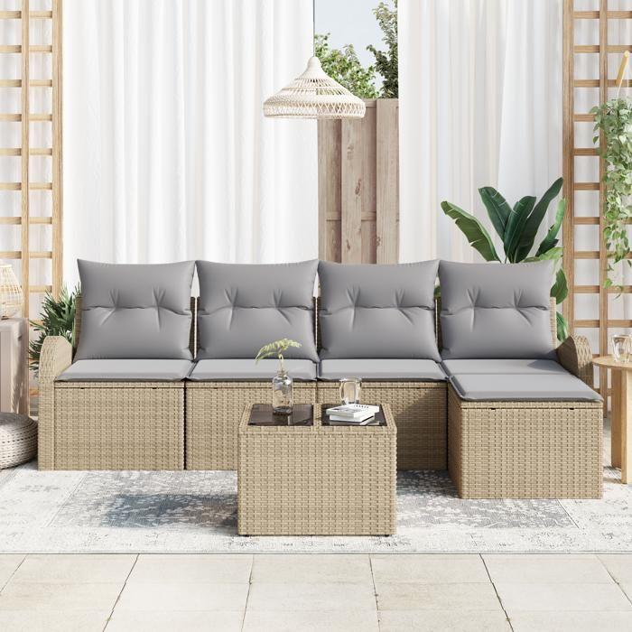 Ensemble de Canapé de Jardin 6 Pièces avec Coussins Noir Rattan Synthétique, Canapé de Jardin 2 Places avec Rangement 3354679