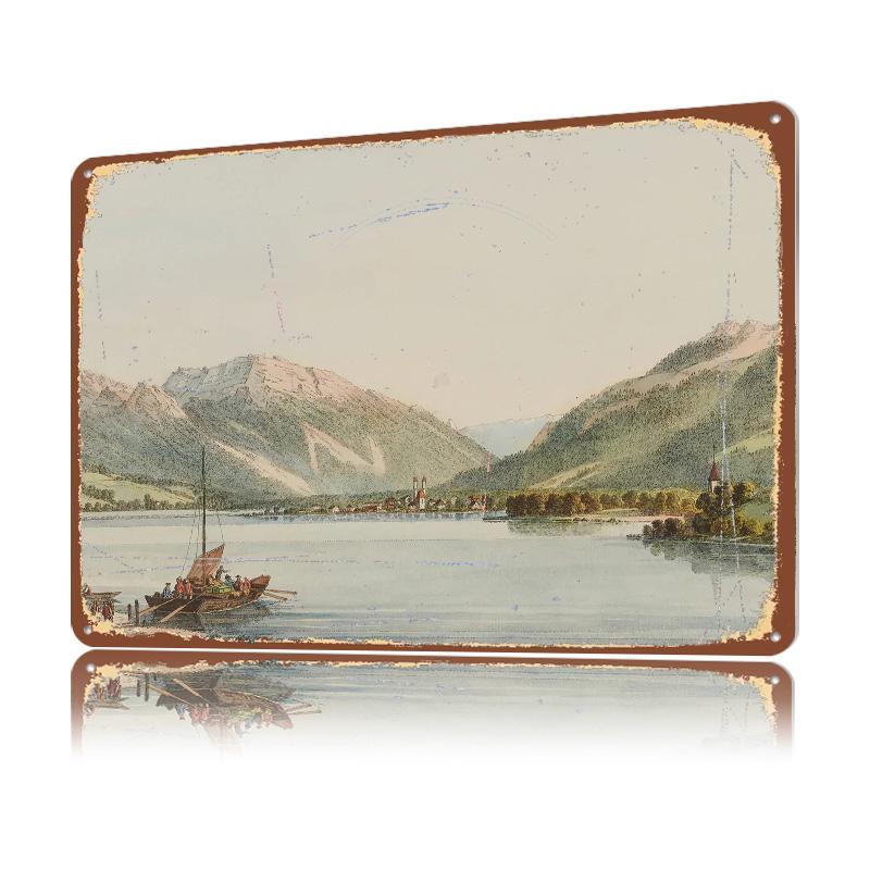 Alpine Lake Town With Mountains and Boat D Printed Texture Poster Personalized Wall Art Retro Metal Tin Signs for Decor Room