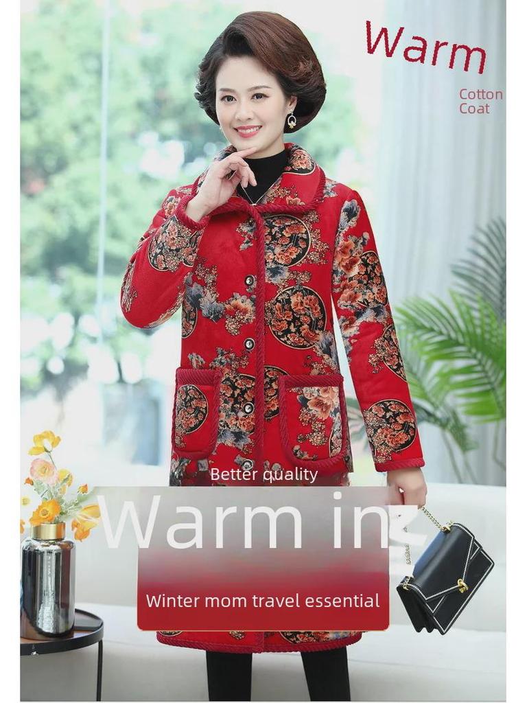 Теплое бархатное пальто с цветочным принтом и кристаллами для женщин среднего и пожилого возраста