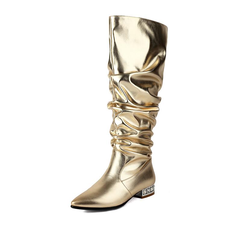 Мода Новые Плиссированные Ленивые Осенне-Зимние Женские Сапоги до Колена Европейские Американские 3см Низкий Каблук Для Повседневной Носки Шопинга Длинные Сапоги Размеры 32-46