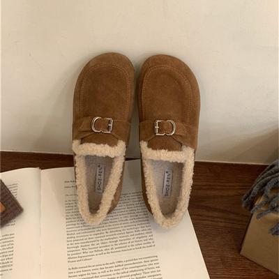 2025 осень и зима новая матовая кожа круглый носок один педаль Дуду туфли теплые пушистые туфли одинарные туфли повседневная обувь женская