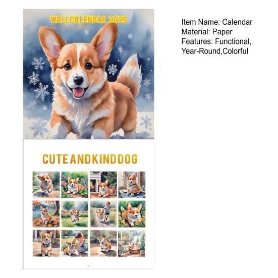 2026 Календарь настенный 'Снежный день корги' 12-месячный календарь из плотной бумаги на тему собаки корги для декора дома, офиса, инструмент для управления временем