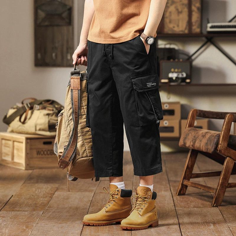Мужские укороченные брюки, Мужские повседневные брюки, Свободные хлопковые укороченные брюки, Мужские рабочие брюки, Шорты с несколькими карманами, Тонкий дизайн