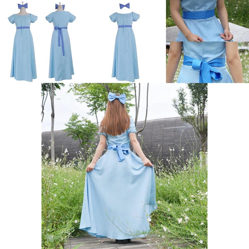 Очаровательное сказочное платье Питера Пэна и Венди Дарлинг синего цвета с бантом и головным убором