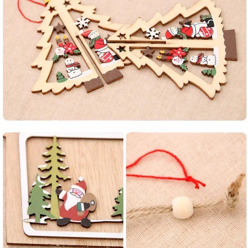 Christmas Decorations Wooden Hollow Out Christmas Tree Pendant Five-pointed Star Bell Snowman Drop Ornament Festival Home Decor
