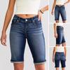 Women Denim Shorts Knee Length Retro Washed Slim Fit Stretchy Distressed Gradient Color Pockets Mid Waist Button