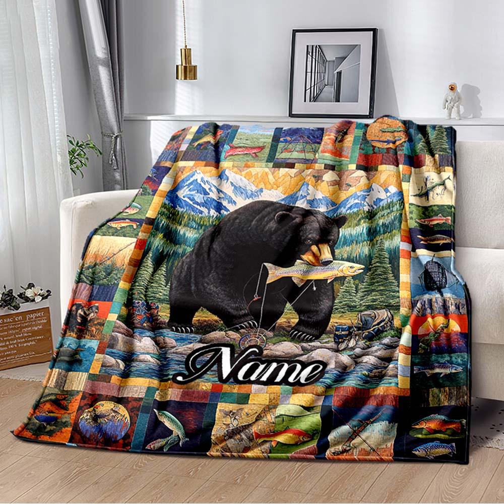 Bear Foraging Customize Your Name Outdoor Blanket Used For Chair Office Sofa Bed Camping Soft And Warm Giving Friends And Relatives Birthday